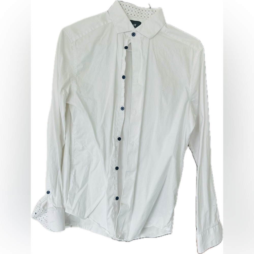 Slim Fit White Collared with Blue Buttons